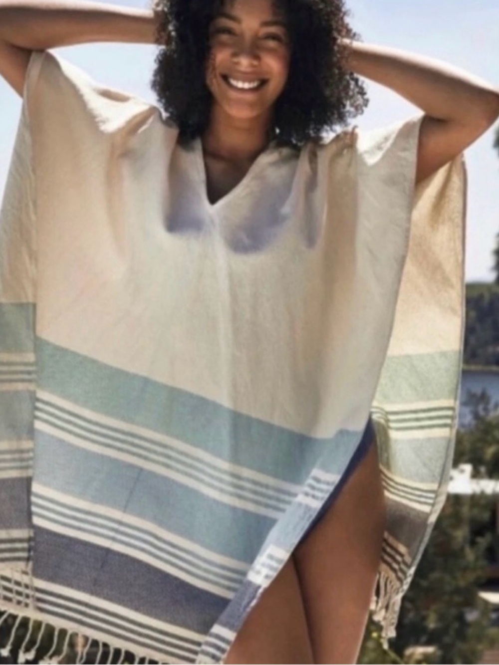 Tribe Alive Striped Beach Poncho - Cream & Blue